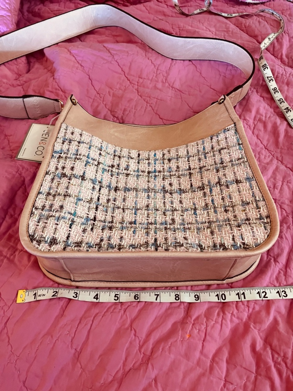 Jen & Co. Pink Tweed Shoulder Bag with vegan Leather Trim